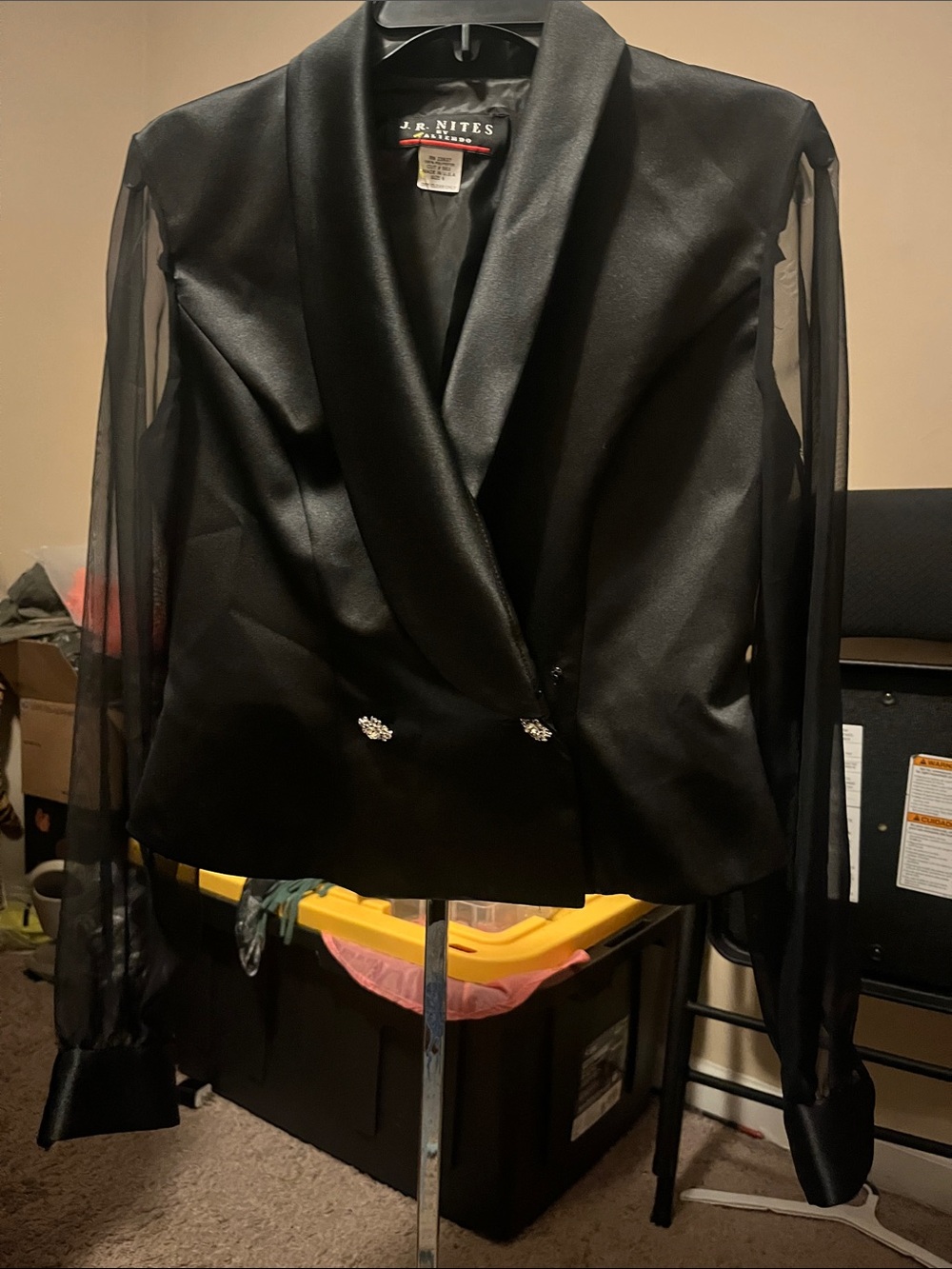 Black Satin & Sheer-Sleeve Blazer